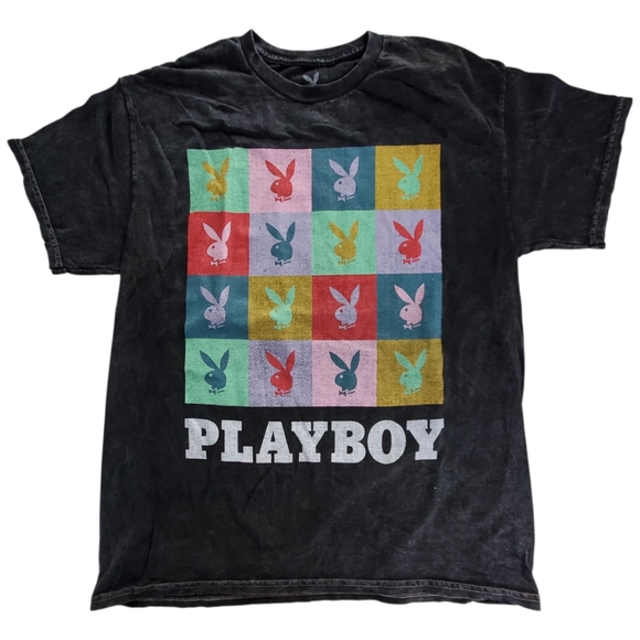Large PLAYBOY Short Sleeve Tee - Black with Colorful Bunny Squares - Picture 1 of 3